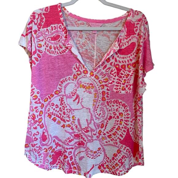 Lilly Pulitzer Tops - Lilly‎ Pulitzer Duval Linen Knit Top Hot Coral Trunk in Love Size M